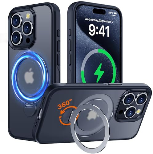 Multi-in-1 [Magnetic+ KickStand+ Ring Holder] for iPhone 15 Pro Case Compatible with MagSafe, 360° Rotatable Stand with Military Shockproof Silicone Frame Magnet Bumper Cover for 15 Pro, 6.1'', Black