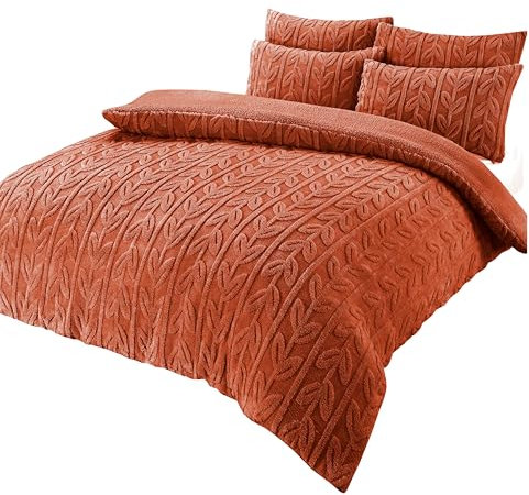 Olivia Rocco Leaf Teddy Fleece Duvet Cover Set Easy Care Quilt Bedding Sets with Pillow Case Thermal Warm Cosy Super Soft Fluffy Comforter Bed linens (Spice Orange, Double)