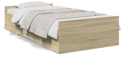 IKAYAA Bett 100x200 mit Schubladen Holzbett Stauraumbett Bettrahmen 100x200 mit stauraum Bett mit Lattenrost Jugendbett Erwachsenenbett -Sonoma Eiche-100 x 200 cm