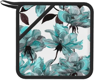 Blaue Blume Blumen Petrol Rosen Aquarell, Topflappen, Hitzebeständiger Topflappen Küche Silikon Anti-Hot Pad
