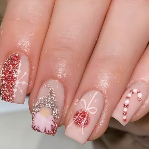 Lot de 24 faux ongles courts carrés à coller sur les ongles - Motif flocons de neige
