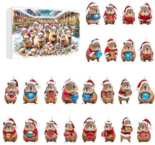 Adventskalender 2024, niedliches Meerschweinchen-Weihnachtsschmuck, 2D-Weihnachtsbaum, hängende Weihnachtsbaum-Adventskalender, Baumdekoration, Frohe Weihnachten, Capybaras, Adventskalender,