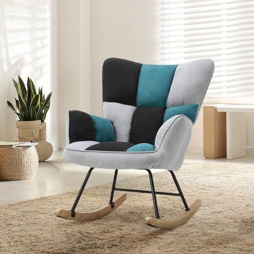Warmiehomy Comfy Rocking Chair for Living Room Bedroom Office Relaxing Reading Nursing Chair Armchair with High Back Cozy Linen Fabric Rocking Occasional Tub Chairs, Black & Grey & Blue