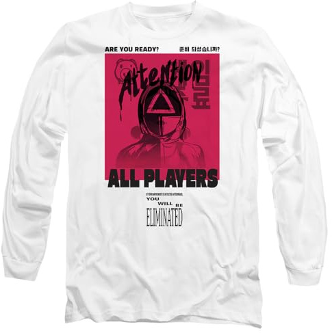 Squid Game Attention Guard Unisex Long Sleeve T Shirt, White, X-Large