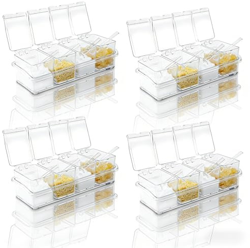 Kaxtde 4 Set Spice Containers with Lids & Spoons for Kitchen | Plastic Seasoning Boxes Bulk, Empty Clear Spice Jars with Tray for Salt Sugar Pepper Cruet, 25 x 10 x 7 cm