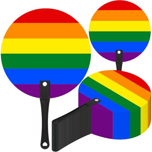 DoubleFill 36 Pcs Rainbow Hand Fans Bulk Summer Gift Plastic Heart and Round Shape Handheld Fans Rainbow Party Favors for Colorful Decorative Summer Party Supplies