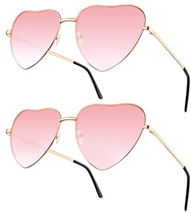 NACHLYNN 2 Pcs Heart Sunglasses Metal Frame Cute Lovely Glasses UV385 Protection Lens for Women Men (Pink)