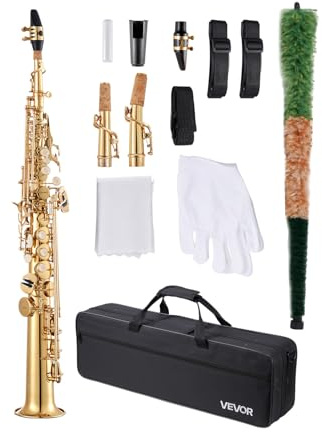 VEVOR Saxophone Droit Soprano Si Bémol Kit Saxophone Débutants Laiton Résistant avec Étui de Transport, Bec, Sangles, Chiffon et Tige de Nettoyage, Gants, 23 Touches, pour Débutants, Étudiants, Doré
