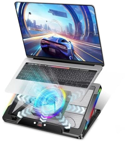 G-STORY Gaming Laptop Cooling Pad with Movable Fan and Automatic Speed Adjustable by Temperature,Music Sync RGB Light,Low Noise Laptop Cooler 3 Speed 1500/1750/2000RPM(140MM) Stand 12–18 Notebook