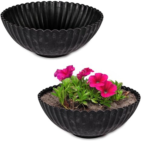 matches21 HOME & HOBBY Gewellte Pflanzschalen für draussen in 16 x 6 cm schwarz marmoriert als wetterfeste Blumen-Schalen