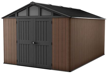 Keter Stronghold 10x15ft Outdoor Storage Shed | Evotech Wood-Effect, Weatherproof | Steel-Reinforced, Heavy-Duty Floor | Built-In Ventilation, Skylights & Windows | Extra-Wide Double Doors
