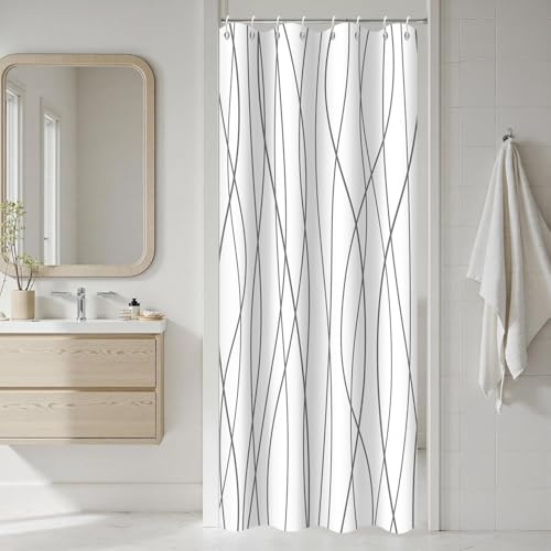GCIREC Duschvorhang, 120x200cm, Grau Moderner Minimalismus Gestreifte Wellenlinie Wasserdichter Stoff Maschinenwaschbarer Badezimmervorhang mit Haken