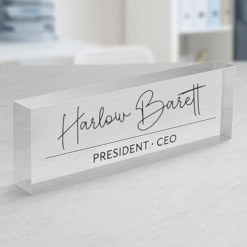 Personalised Office Desk Name Plate Custom Modern Plaque Sign Clear Glass Effect Black Acrylic Base Work Home Gift for Loved Ones