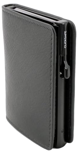 ClickSafe 975201 Kreditkarten-Börse Slim, schwarzes Nappa-Leder, Kartenhalter Aluminium Schwarz, 6 Karten, Click-System, Etui mit Schein- und Kreditkartenfach, RFID, 9,5 x 6,5 x 1,5 cm, Schwarz