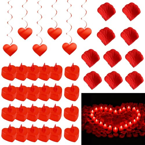 Yoateo Valentine's Day Decorations Kit: 24 Heart Shape LED Flameless Candles, 1000 Rose Petals, 6 Red Spiral Hangers for Proposal, Wedding, Anniversary Romance