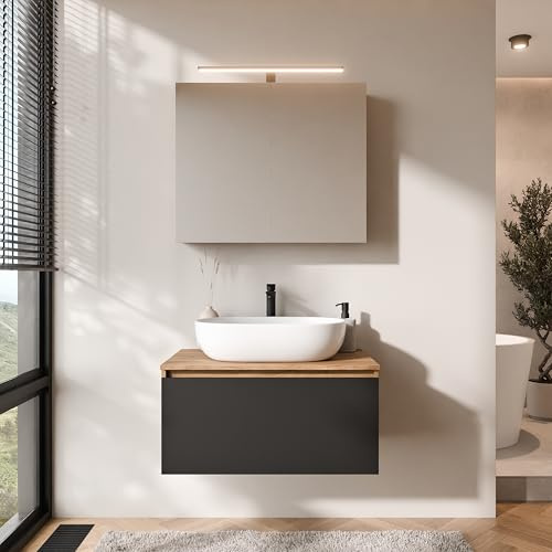 Planetmöbel Arisa Badmöbel Set Waschtisch mit Unterschrank | 80 cm, gold eiche schwarz mit ARIA Spiegelschrank, Waschbecken 60 cm gold eiche weiß, Raumsparsiphon