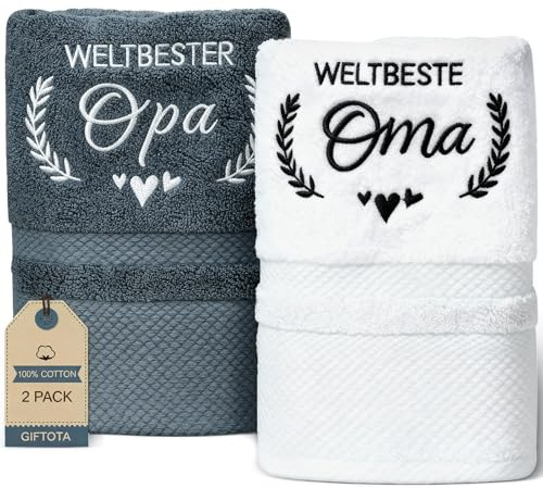 Oma und Opa Geschenk 2-teiliges Bestickt Handtuch Set aus 100% Baumwolle | Geburtstagsgeschenk für Oma und Opa - 35 x 75 cm