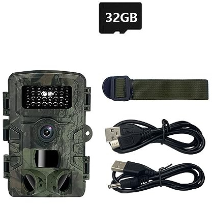Wildtierjagdkamera for Den Außenbereich, Wasserdicht, Infrarot-Nachtsicht, Fotoelektrische Fallenverfolgungskamera(with 32GB TF Card)