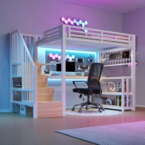 Merax Hochbett 90x200 cm mit Schreibtisch, Treppe und Rausfallschutz, Funktionsbett Kinderhochbett mit LED, Lagerregal, Gitterwand, 2 USB + 1 Typ-C, Bettgestell aus Metall (ohne Matratze), Weiß