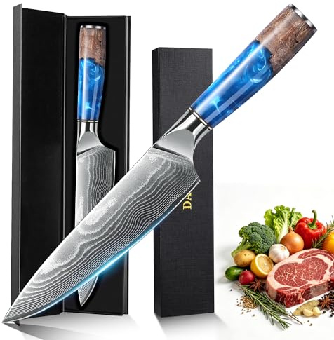 hoforife Damast Küchenmesser mit Ergonomischem Holzgriff Dunkelblau | Ultrascharfes Japanisches Damastmesser 67-Lagig Kern aus VG10-Stahl Hochkohlestahl Haushalt und Restaurant Geschenkbox