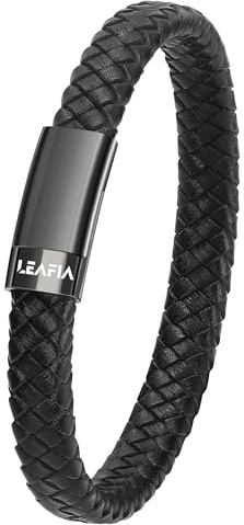 LEAFIA Lederarmband Herren – Geflochten Echtleder Breites Wickelarmband mit Magnet Verschluss, Leder Armreif Schwarz, Geschenke für Vater Freund Ehemann und Sohn