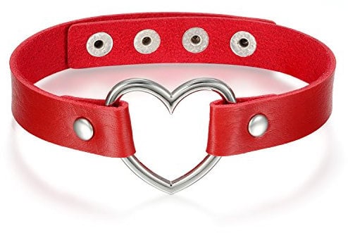 JewelryWe Schmuck Damen Choker Halsband Halskette, Leder Legierung 33-40cm Erstellbare Punk Lolita Herz Collier Kette, Rot Silber