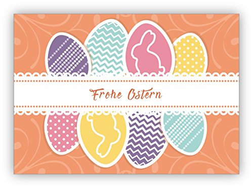 Kartenkaufrausch Klassisch schöne Osterkarte mit bunten Ostereiern und Osterhase: Frohe Ostern • hochwertige Glückwunsch Grußkarten mit Umschlägen zu Ostern, Ostergrüße, Osterkarten