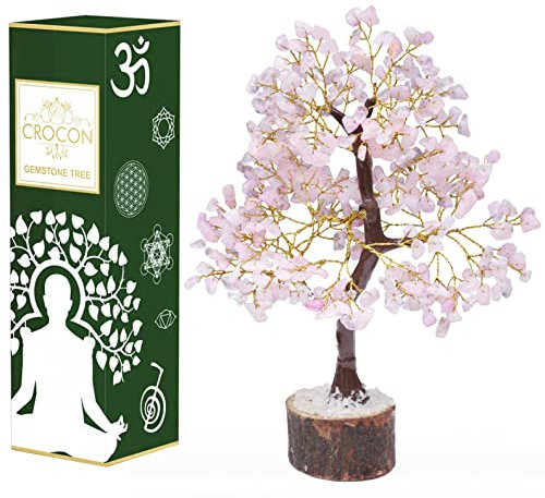 Crocon Rose Quartz Gemstone Money Tree Feng Shui Bonsai for Reiki Healing Chakra Stone Balancing Energy Generator Spiritual Meditation Home Interior Office Decor Size 10-12 Inch