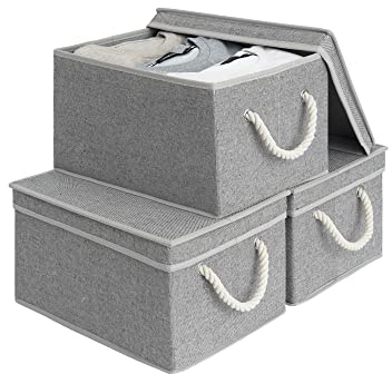 StorageWorks Fabric Storage Boxes with Lids, Foldable Storage Basket for Wardrobe Organising Clothes, Stackable Organiser Basket with Lids, Large Storage Bins with Soft Rope Handles, Grey, 3-Pack