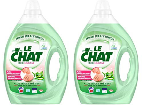 Le Chat Eco Sensitive – Lessive Liquide Hypoallergénique – Aloé Vera & Thé Vert – 40 Lavages (2L) – Lessive peaux sensibles