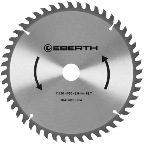 EBERTH Kreissägeblatt Sägeblatt Kreissäge Blatt aus Stahl mit Hartmetall-Zähnen für Holz-Schnitte (250mm Durchmesser, 30mm Bohrung, 1.8mm Blättstärke, 2.8mm Schnittbreite, 48 Zähne, RPM Max. 7000)