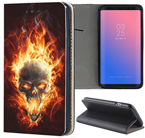 KX-Mobile Apple iPhone XR Hülle - Handyhülle für Apple iPhone XR - Handycover aus Kunstleder Motiv 1095 Totenkopf Skull Feuer Schutzhülle Smart Klapphülle Case