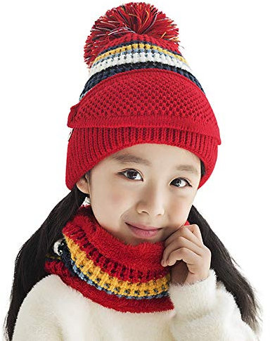 Afinder Kinder Baby Mütze Loop Schal Set Winter warme weiche Strickmütze Loopschal Mädchen Jungen Beanie Wintermütze Rundschal mit Fleecefutter