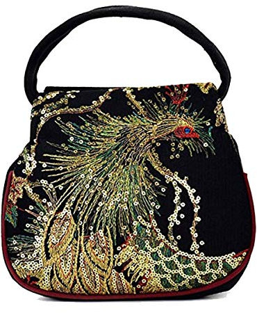 Damen-Handtasche mit Pfauen-Stickerei, ethnischer Retro, Leinen, glänzend, Partygeldbörse