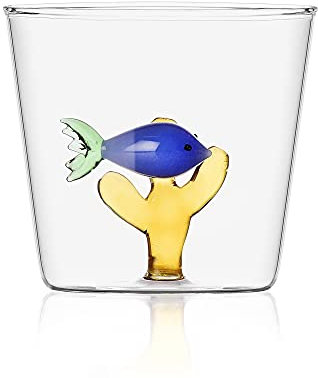 Ichendorf Milano Tumbler con Pesce Blu e Alga Ambra | Collezione Marine Garden | 35 cl | Vetro Borosilicato | Fatto a Mano