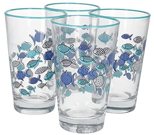 Keyhomestore- Bicchieri Mare con Pesci, in Vetro Resistente, Set Composto da 4 Bicchieri Decorati con Bordo Azzurro.Ideali Come Decorazione per Interni, pranzi, Picnic e apertivi.