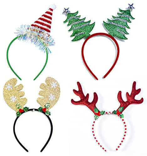 Weihnachtsstirnband, Weihnachten haarreif, Weihnachtsbaum, Schneeflockenform Stirnbänder, Ren-Kostüm-Haar-Bänder Elfen Party- Accessoires Geschenke für Weihnachtsfeiertags, Kinder Erwachsene (4 PCS)