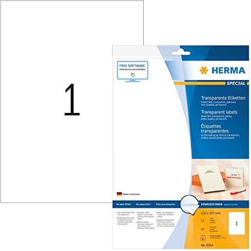 HERMA 8964 Folienetiketten für Inkjet Drucker transparent, 320 Blatt, 210 x 297 mm, 1 pro A4 Bogen, 320 Stück, selbstklebend bedruckbar glänzend blanko Klebeetiketten Aufkleber für Tintenstrahldrucker