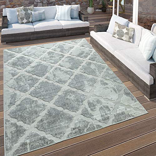 Paco Home In- & Outdoor Terrassen Teppich Marmor Optik Rauten Muster In Grau, Grösse:200 cm Rund