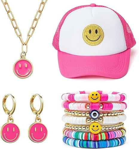 BigVivi 11 Pack Preppy Schmuck Set Lächeln Trucker Hut Stapelbar Armbänder Halskette Ohrringe Y2K Mesh Rückseite Baseballkappe Bunte Handgefertigte Charms Stretch Armbänder Geburtstagsgeschenke, S