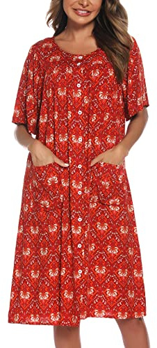 COSUNIONY House Dresses for Women Cotton Short Sleeve House Coat Buttons Down Dusters Robe with Pockets S-XXL