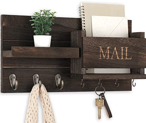 Lwenki Brief-Organizer für Wandhalterung,Schlüsselhalter mit Ablage inklusive Briefhalter und Haken für Flur Bauernhaus Dekor,Rustikales Holz mit Unterputzmontage Hardware (41.9x23.1x8.6 cm) (Braun)