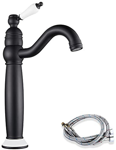 Maynosi Bathroom Basin Mixer Taps, High Rise Basin Tap for Countertop Basin, Traditional Tall Faucet with Ceramic Lever, Cloakroom Classic Tap, 360° Swivel Spout, Retro Style, Brass, Matte Black