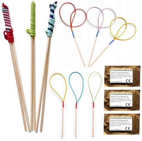 Bubble Brothers Riesenseifenblasen Set 3 Stäbe Holz Seifenblasen-Stab für Seifenblasen Set für Kindergeburtstag 3 Stück 3 Stile 50cm lang Seifenblasen groß Eco Stöcke(9- teliges Set + 15 Liter)