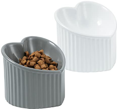 Raised Tilted Cat Food Bowls, Elevated Ceramic Cat Bowls, Love Heart Shape, Slanted Pet Feeding Dishes, Stress Free Feeder Bowl for Kitty, Small Cats, Protect Pet's Spine, 2 Pack(White&Gray)