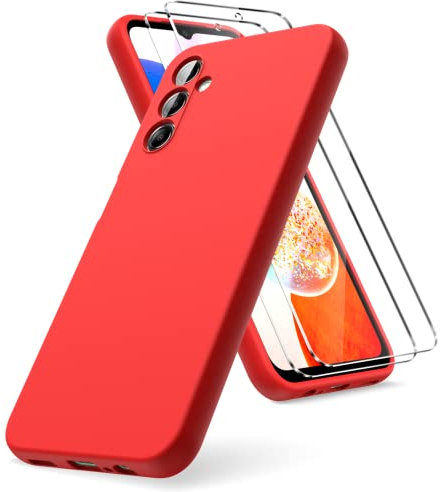 Vansdon Funda Compatible con Samsung Galaxy A14 4G/5G, 2 Unidades Protector Pantalla Cristal Templado, Silicona Líquida Gel Ultra Suave Funda- Rojo