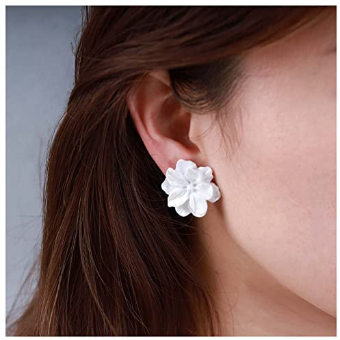 Allereya Vintage Große Blume Ohrringe - Weiße Kamelie Ohrstecker Übertrieben Aussage Schmuck Für Frauen Und Mädchen