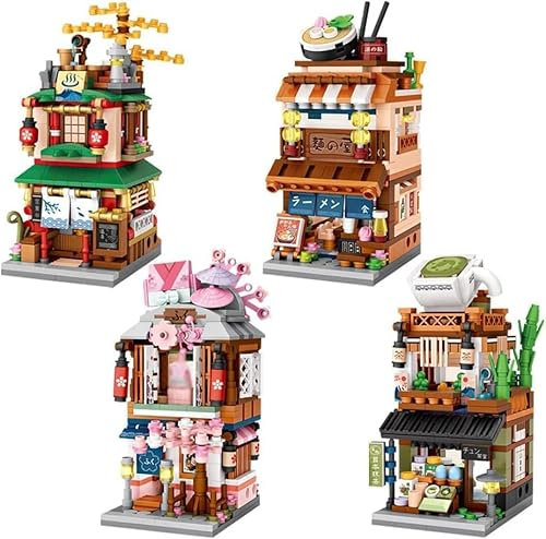 YILETKC Modular Haus Bausteine Modell, 4 in 1 Japanische Street View Architektur Baustein Modell, Architektur Bausatz Custom Bauspiel Geschenk für Kinder und Erwachsene