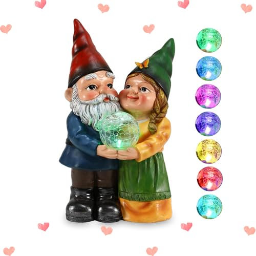 MIBUNG Garden Gnome Couple in Love Carrying Magic Orb with Multicolor Changing Solar Lights, Romantic Gnome Lovers Statue Figurine Outdoor Patio Yard Lawn Home Decor, Wedding Christmas Ornament Gifts