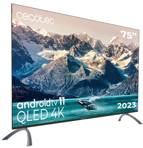 Cecotec QLED-Fernseher 75 Smart TV V2-Serie VQU20075S. 4K UHD, Android 11, Rahmenloses Design, MEMC, Dolby Vision und Dolby Atmos, HDR10, Wide Color Gamut, 2 Lautsprecher 10W, 2023.